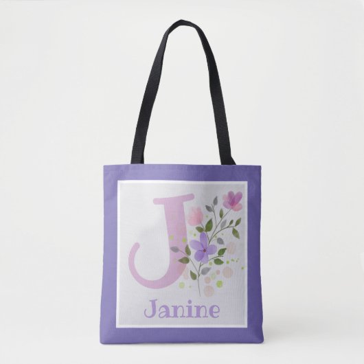 Eerste Initiaal plus naam Janine met bloemen Tote Bag (Voorkant)