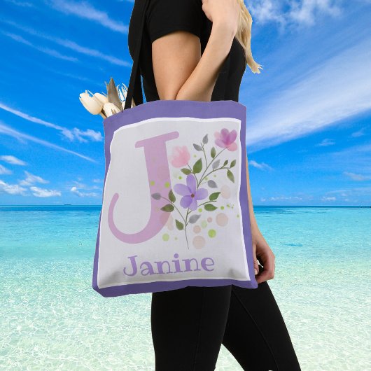 Eerste initiaal plus naam Janine met bloemen Tote Bag