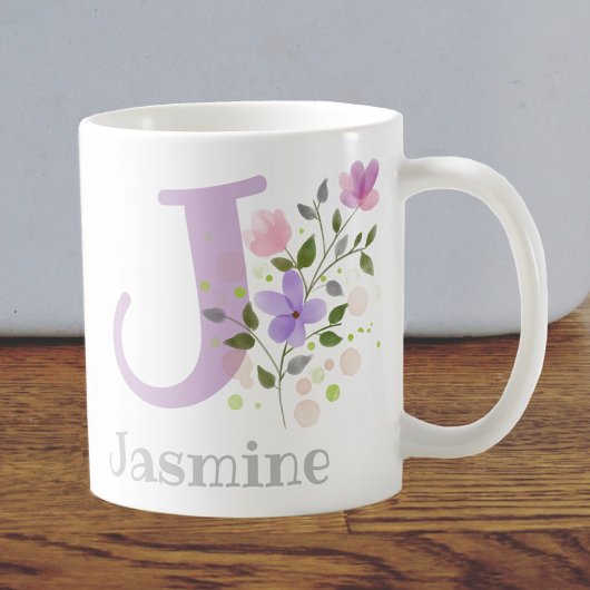 Eerste Initiaal plus naam Jasmine met bloemen Koffiemok