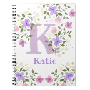 Eerste Initiaal plus naam Katie met bloemen Notitieboek