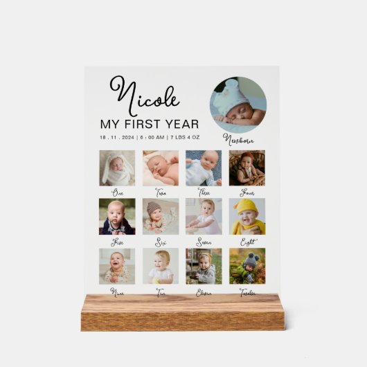 Eerste jaar Baby 12 maanden Verjaardag Fotocollage Acryl Bord (Voorkant)