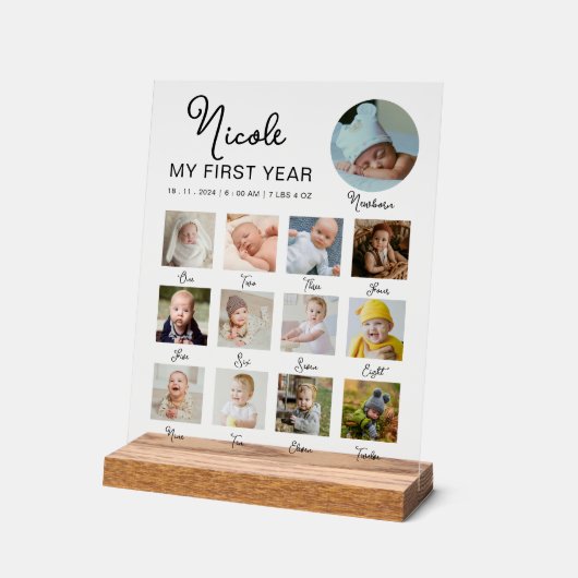 Eerste jaar Baby 12 maanden Verjaardag Fotocollage Acryl Bord (Hoek)