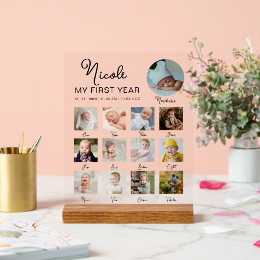 Eerste jaar Baby 12 maanden Verjaardag Fotocollage Acryl Bord (Huwelijk)