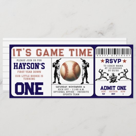 Eerste jaar Down Baseball Ticket 1e verjaardag Kaart (Voorkant / Achterkant)