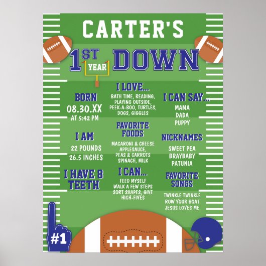 Eerste jaar Down Blue Football 1st Birthday Foam Poster (Voorkant)