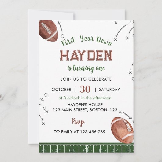 Eerste jaar Down Football 1e verjaardagsuitnodigin Kaart (Voorkant)
