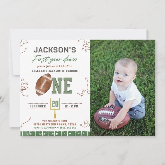 Eerste jaar Down Football Eerste Verjaardag Foto Kaart (Voorkant)