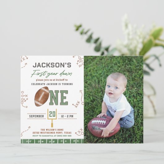 Eerste jaar Down Football Eerste Verjaardag Foto Kaart (Staand voorkant)