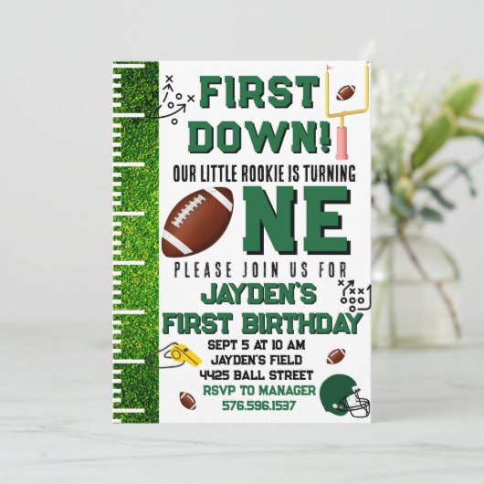 Eerste jaar Down football thema jongens verjaardag Kaart (Staand voorkant)
