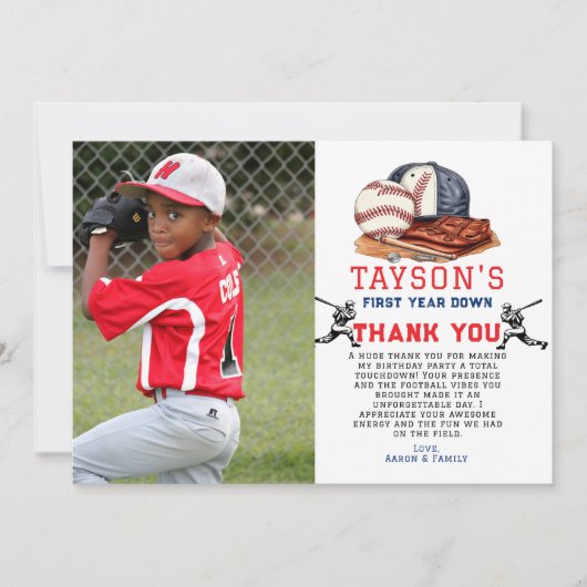 Eerste jaar down honkbal 1e verjaardag bedankkaart (Voorkant)
