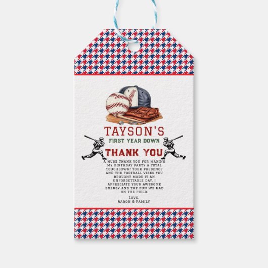 Eerste jaar down honkbal 1e verjaardag cadeaulabel (Voorkant)