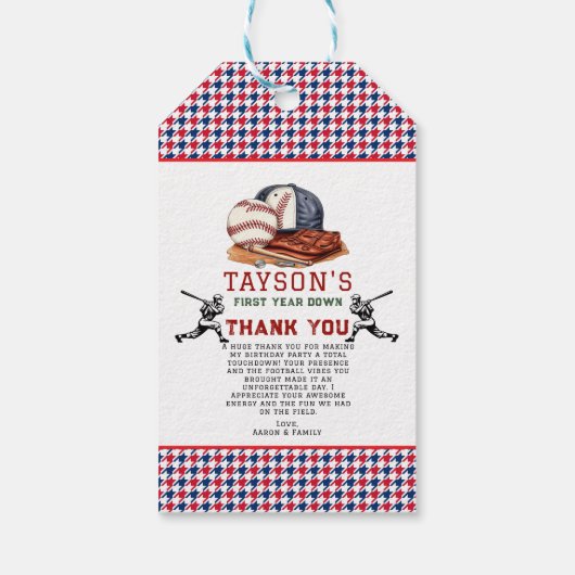 Eerste jaar down honkbal 1e verjaardag cadeaulabel (Achterkant)