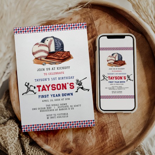 Eerste jaar down honkbal 1e verjaardagsfeest kaart