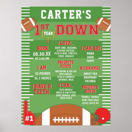 Eerste jaar Down Red Football 1st Birthday Foam Poster (Voorkant)