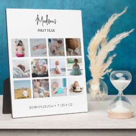 Eerste jaar foto collage geboortestatistieken baby fotoplaat