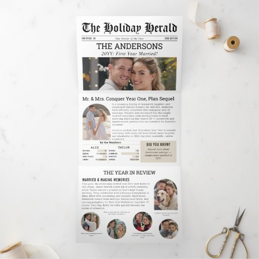 Eerste jaar Getrouwde krant Nieuws Fotocollage Drieluik Wenskaart (Binnen)