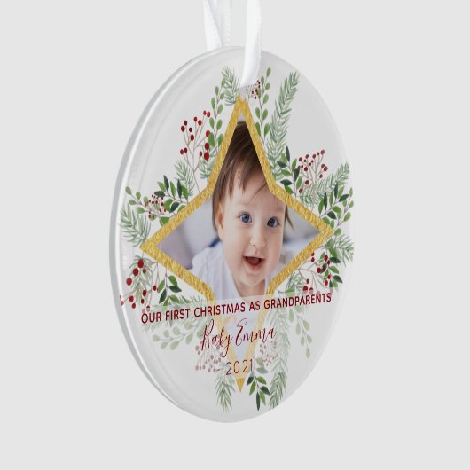 Eerste jaar Grootouders Gold en Floral Kerstmis Ornament (voorkant)