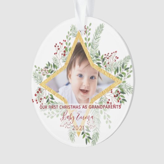 Eerste jaar Grootouders Gold en Floral Kerstmis Ornament (voorkant)