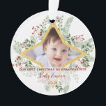 Eerste jaar Grootouders Gold en Floral Kerstmis Ornament<br><div class="desc">Winterbotanisch lijst met uw baby foto. Geweldig als eerste kerstcadeau voor de grootouders!</div>