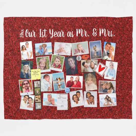 Eerste jaar Jubileum Photo Memories Red Glitter Fleece Deken (Voorkant (Horizontaal))