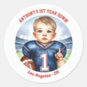 Eerste jaar naar beneden Football 1e verjaardag Ronde Sticker (Voorkant)