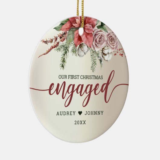 Eerste jaar Rode Poinsettia Floral Kerstmis Keramisch Ornament (Rechts)