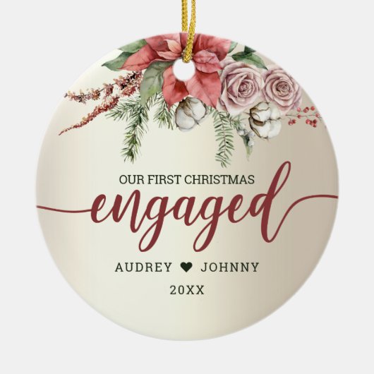 Eerste jaar Rode Poinsettia Floral Kerstmis Keramisch Ornament (Voorkant)