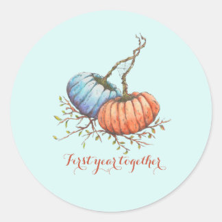 Eerste jaar samen. Twee aquarel pompoenen Medium Ronde Sticker