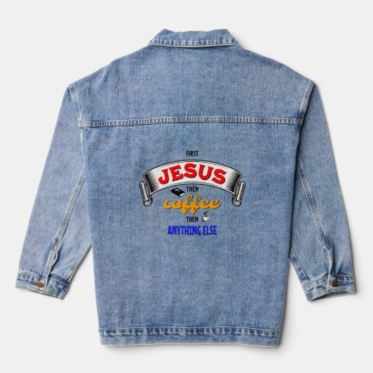 EERSTE JESUS DAN KOFFIE Christelijk Denim Jacket (Achterkant)