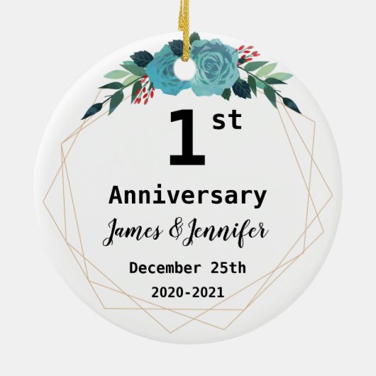 Eerste Jubileum voor bruiloft Aangepaste namen en Keramisch Ornament (Achterkant)