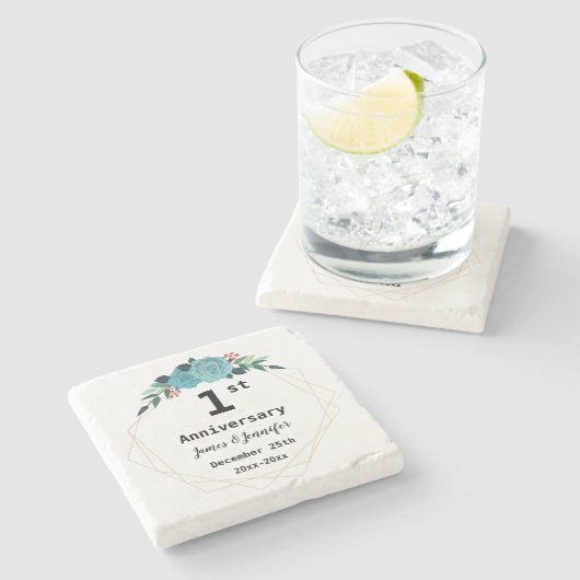 Eerste Jubileum voor bruiloft Aangepaste namen en Stenen Onderzetter (Zijkant)