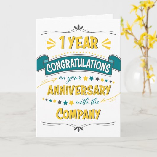 Eerste Jubileum werknemer Gefeliciteerd Word Art Kaart (Gele Bloem)