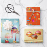 Eerste kaarsfeest op het Hanoekasfestival van de p Inpakpapier Vel<br><div class="desc">De eerste kaars van Hanukkah. Happy Hanukkah Festival of light party Wrapping Paper schoonheid Joodse feestkaart. Mooie joodse Holiday Chanukah-achtergrond met traditionele Chanoekanoratieve symbolen - houten droesels (draaiende bovenkant), zoete donuts, hanukkiah menorah, kaarsen, ster van David en gloeiende lichtjes, gouden patroon van behang. Hanukkah-festival van de decoratie van lichtevenementen. Jeruzalem,...</div>