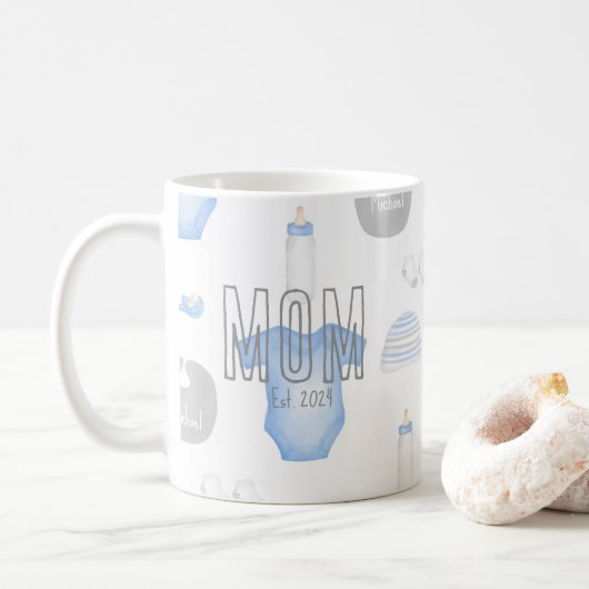 Eerste Keer Moeder Grijs Jaar Oprichting Baby's Na Koffiemok (Met donut)