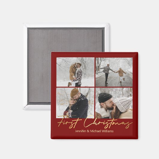 Eerste kerst, 4 foto's Collage Gouden Rode bruilof Magneet (Voorkant / Achterkant)