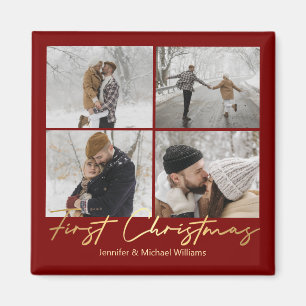 Eerste kerst, 4 foto's Collage Gouden Rode bruilof Magneet