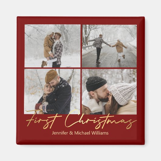 Eerste kerst, 4 foto's Collage Gouden Rode bruilof Magneet (Voorkant)