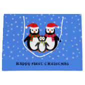 Eerste kerst aangepaste tekst pinguïns blauw groot cadeauzakje (Voorkant)