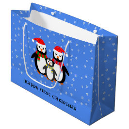 Eerste kerst aangepaste tekst pinguïns blauw groot cadeauzakje
