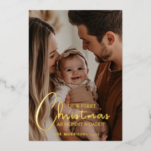 Eerste kerst als aangepaste foto voor ouders folie feestdagenkaart