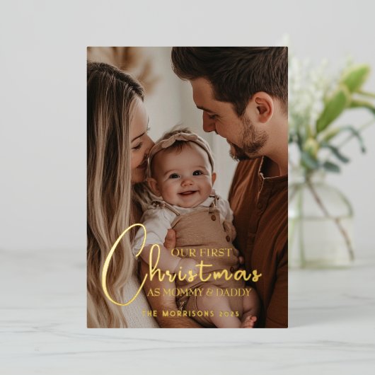 Eerste kerst als aangepaste foto voor ouders folie feestdagenkaart (Staand Voorkant)