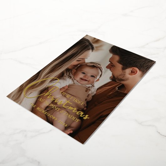 Eerste kerst als aangepaste foto voor ouders folie feestdagenkaart (Gedraaid)