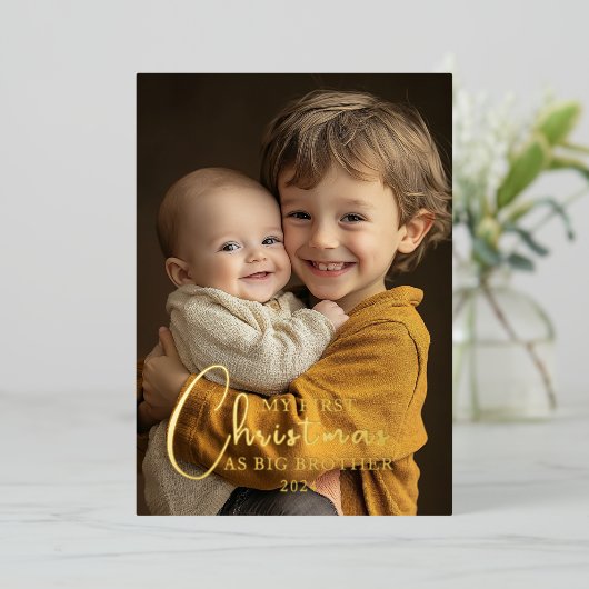 Eerste kerst als Big Brother foto Folie Feestdagenkaart (Staand Voorkant)