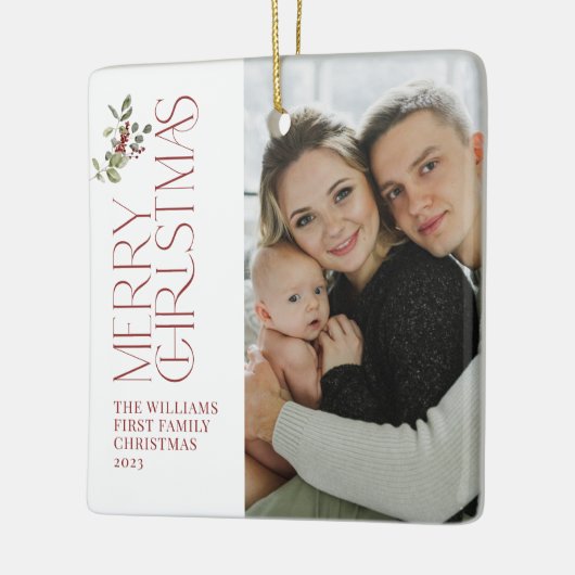 Eerste kerst als een familie Berry Waterverf Foto Keramisch Ornament (Links)