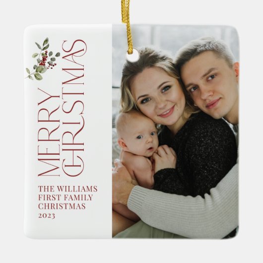 Eerste kerst als een familie Berry Waterverf Foto Keramisch Ornament (Voorkant)