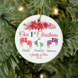 Eerste kerst als een familie van 3 poinsettia keramisch ornament