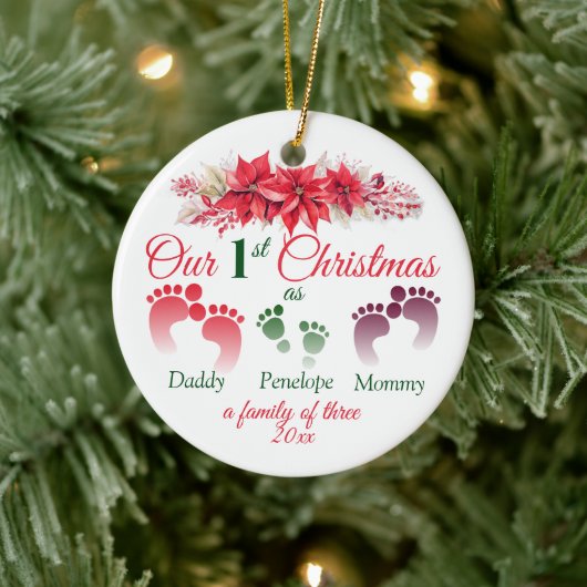 Eerste kerst als een familie van 3 poinsettia keramisch ornament (Boom)