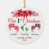 Eerste kerst als een familie van 3 poinsettia keramisch ornament (Voorkant)