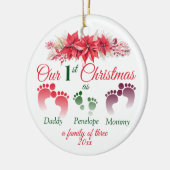 Eerste kerst als een familie van 3 poinsettia keramisch ornament (Links)