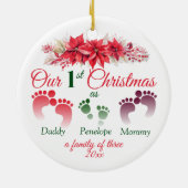 Eerste kerst als een familie van 3 poinsettia keramisch ornament (Achterkant)